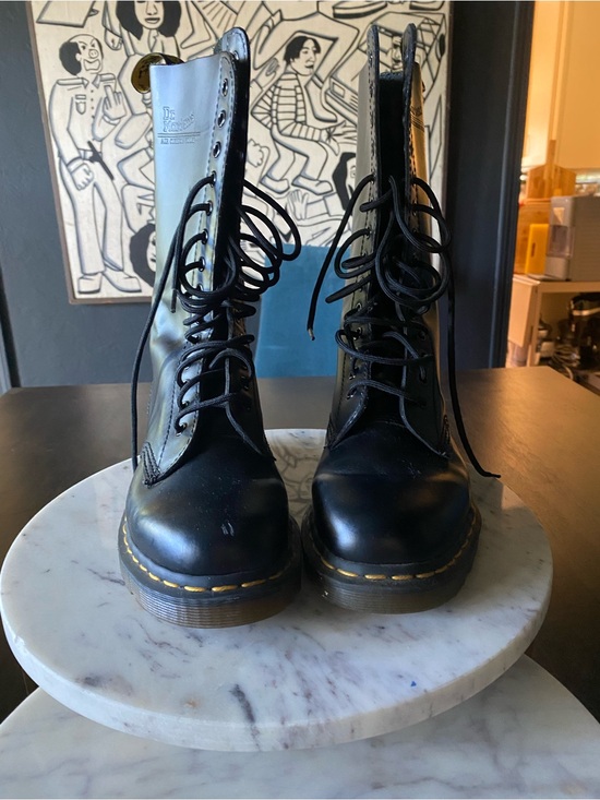 Dr. Martens Shoes - Dr. Martens Black 14-Eye Lace-Up Combat Boots with Yellow Stitching